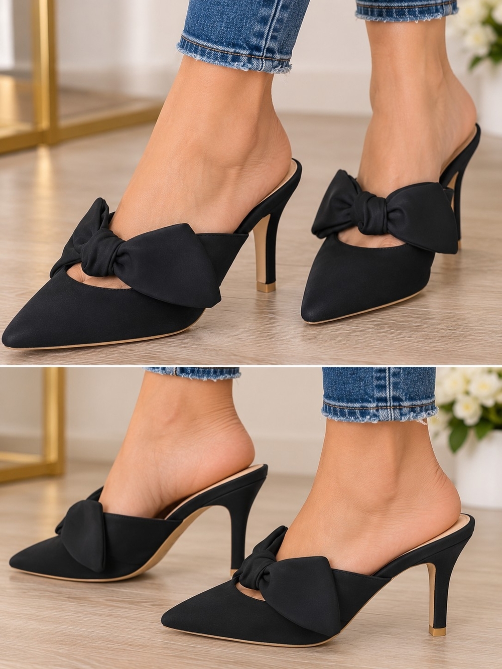 Womenโs Black Bow Pointed-Toe Mule Heels